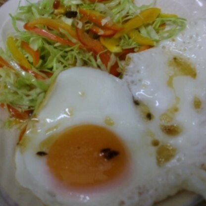 朝食のサラダと目玉焼きにもかけて頂きました♪
ゆず胡椒の風味が効いていてご飯がいつもより進みました！